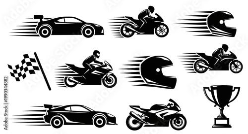 Collection of racing vehicles and sports equipment.