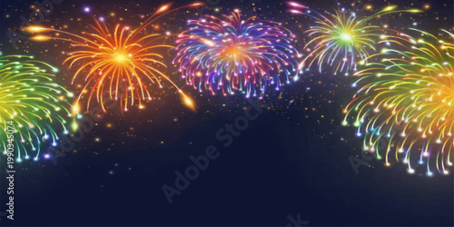 Colorful pyrotechnics explode in the dark night sky during a bright New Year festival celebration featuring a vibrant display of red and blue light to celebrate the holiday event