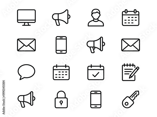 Communication and business outline icons set with technology and security elements communication business technology security marketing computer megaphone announcement calendar schedule