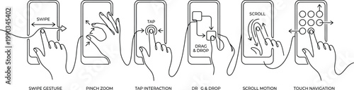 A detailed illustration showcasing various mobile phone touch screen gestures on a clean white background AI, eps, png, jpg. transparent background.