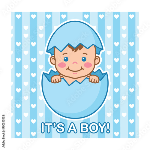 Baby boy emerging from egg blue hearts stripes