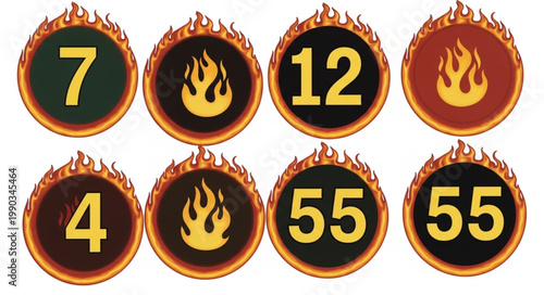Fiery Number Icons With Flames And Numbers.