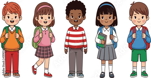 Diverse School Children Illustration Set with Happy Kids Wearing Backpacks in Cartoon Style for Education Design, Classroom Materials, Learning Projects, and Creative Use.