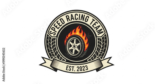 Speed Racing Team Emblem with Flaming Wheel and Established Date.