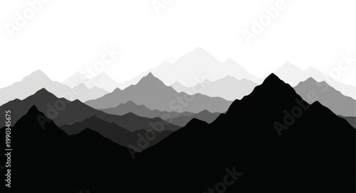 Layered mountain range silhouette against a bright sky.