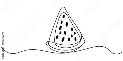 A single line art drawing of a slice of watermelon sitting on a wavy line on a white background. Vector, illustration