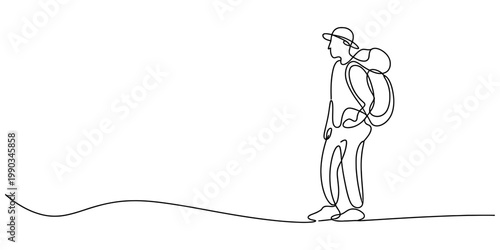 A continuous line drawing of a solo traveler walking through nature with a backpack on shoulders Vector, illustration