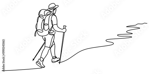 A continuous line drawing of a person hiking with a backpack and poles on a winding mountain trail Vector, illustration