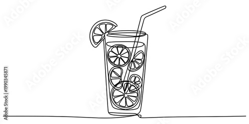 A single continuous line drawing of a refreshing glass of lemonade with lemon slices and a straw Vector, illustration