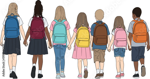 Diverse School Children Walking Together with Backpacks Rear View Illustration in Cartoon Style for Education Design, Friendship Concept, Classroom Materials, and Creative Projects.