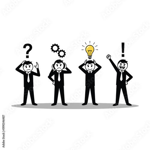 Businessmen with ideas and questions in a row