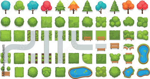 Landscape design vector elements, garden map icons with green trees and bushes, park planning set with paths and ponds, top view architectural symbols