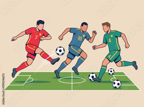 Flat vector illustration of soccer players in action on a stadium field