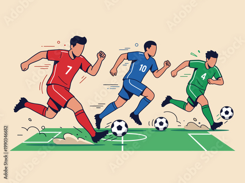 Flat vector illustration of soccer players in action on a stadium field