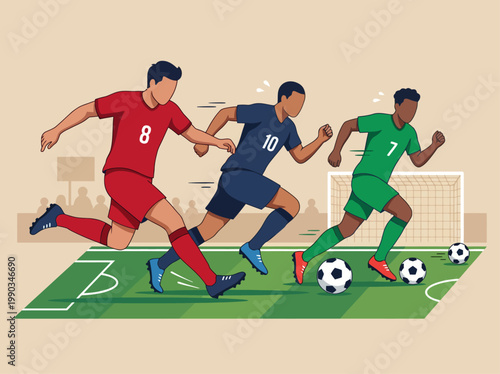 Flat vector illustration of soccer players in action on a stadium field
