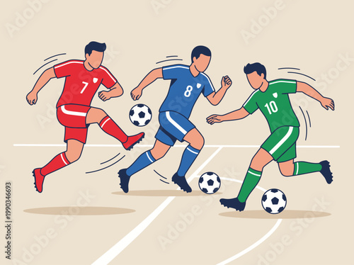 Flat vector illustration of soccer players in action on a stadium field