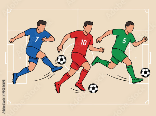 Flat vector illustration of soccer players in action on a stadium field