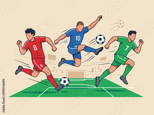 Flat vector illustration of soccer players in action on a stadium field
