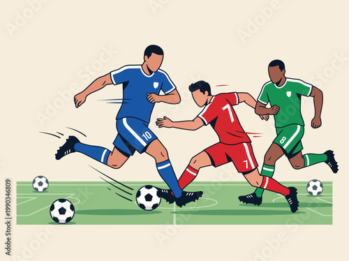 Flat vector illustration of soccer players in action on a stadium field