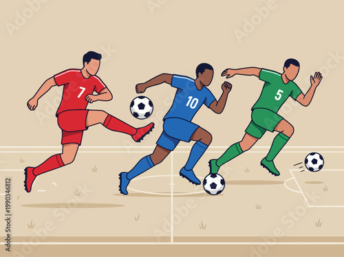 Flat vector illustration of soccer players in action on a stadium field
