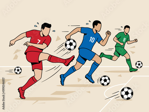 Flat vector illustration of soccer players in action on a stadium field