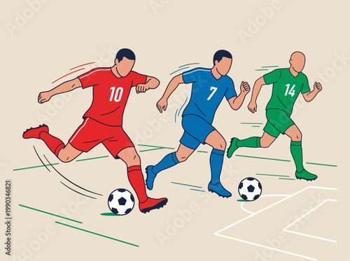 Flat vector illustration of soccer players in action on a stadium field