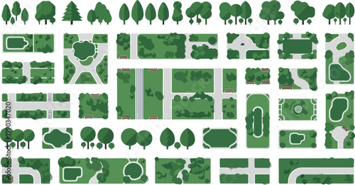 Flat landscape design elements, urban park map creator kit with green trees and garden paths, architectural site plan vector set for city planning