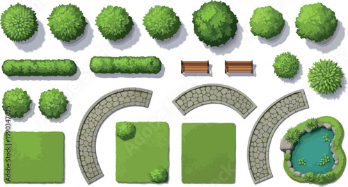 Top view garden landscape elements, vector set of park bushes and stone paths, green lawn and pond icons for site planning and map design