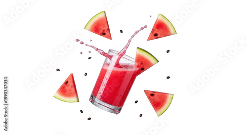 Fresh watermelon juice in a glass with splashing liquid and fresh fruit slices isolated on transparent background