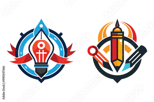 Creative Rocket and Pencil Logo with Innovation Concept.