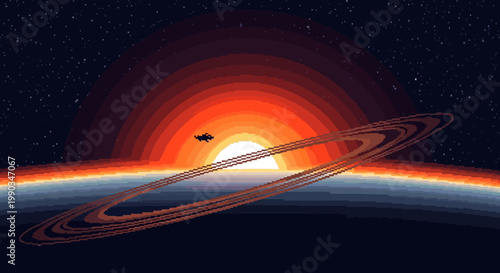 Pixel Art Spaceship Flying Towards Cosmic Sunrise Over Ringed Planet in Starry Space