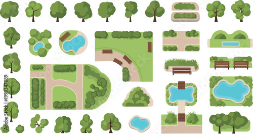 Flat landscape design elements, park map creator kit with green trees and ponds, garden architecture vector set for urban planning and site maps