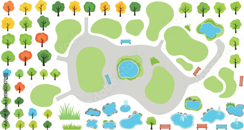 Flat city park map creator kit, landscape architecture elements with green trees and blue ponds, urban garden design vector set for site planning