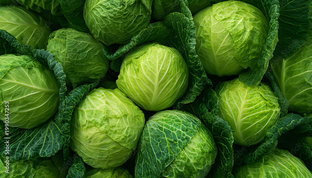 Fototapeta premium Close-up of freshly harvested green cabbages piled together. Crisp, leafy vegetables ready for cooking, pickling, or market display. Natural farming product.
