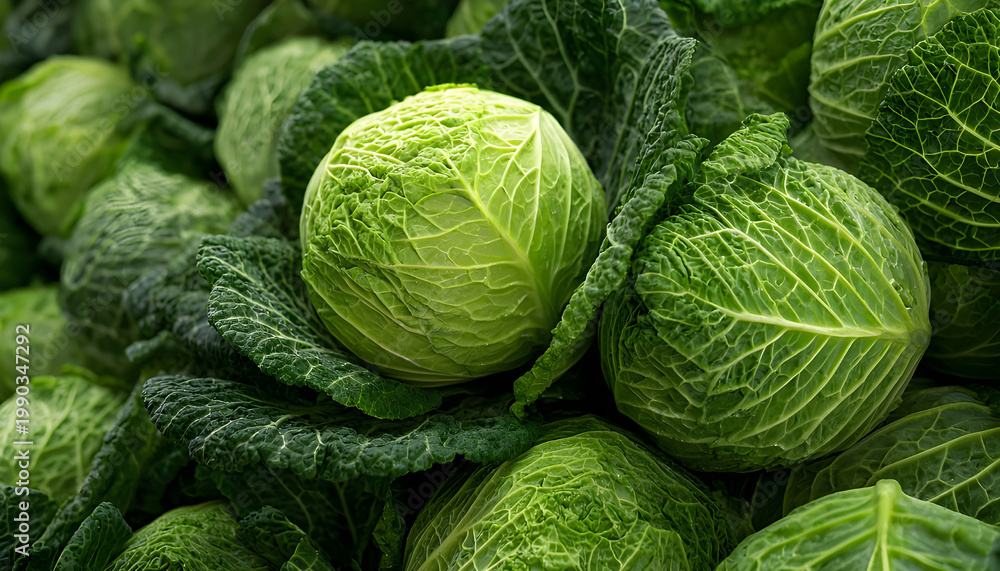 Fototapeta premium Close-up of freshly harvested green cabbages piled together. Crisp, leafy vegetables ready for cooking, pickling, or market display. Natural farming product.