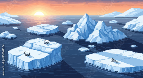 Retro Pixel Art Arctic Scene featuring Polar Bears, Seal, and Melting Ice Caps