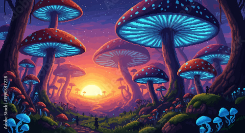 Vibrant Luminous Mushrooms in a Mystical Pixel Art Forest at Twilight with Small Figures Exploring