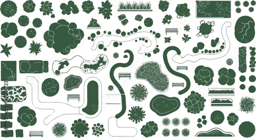 Landscape design elements vector set, top view garden plan symbols, green tree and shrub silhouettes for architectural site mapping and park layout