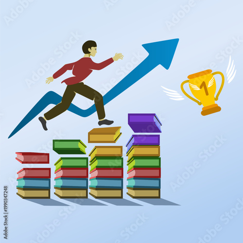 Businessman walk up growth chart and graph with stair to success. Progress or improvement to success, step forward to grow business, journey to achieve goal, ambition or career path.