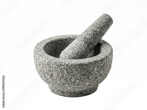 Stone mortar and pestle isolated on pure white background