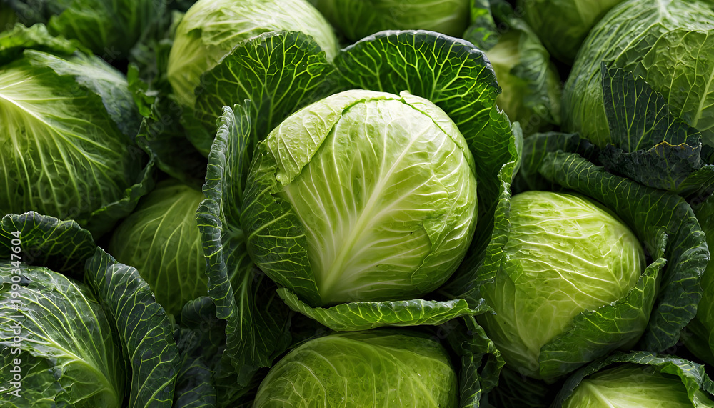 Fototapeta premium Close-up of freshly harvested green cabbages piled together. Crisp, leafy vegetables ready for cooking, pickling, or market display. Natural farming product.