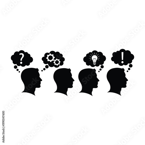 Five people thinking with question mark and light bulb ideas