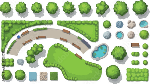 Top view park landscape elements, green garden vector set with trees and bushes, outdoor public space map constructor with benches and ponds