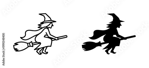 Witch flying on broomstick silhouette and outline icon set