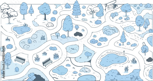 Minimalist park map illustration with winding paths, blue line art garden landscape with trees and ponds, hand drawn outdoor recreation area vector