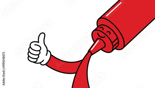 Cartoon Ketchup Tube Character Giving Thumbs Up for Food Brand Condiment Sauce Packaging and Marketing Illustration