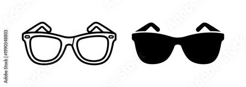 Retro Eyeglasses Outline and Solid Black Silhouette Icon Set