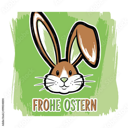 Cute brown rabbit with long ears on green background Frohe Ostern