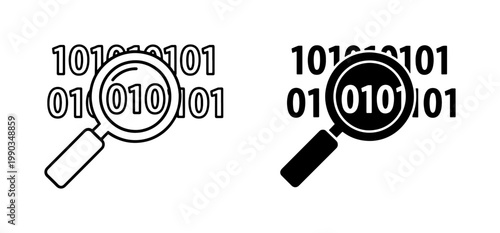 Magnifying glass analyzing binary code data icon set