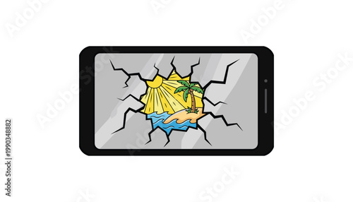 Cracked Smartphone Screen Revealing Tropical Paradise Escape Illustration for Digital Detox Vacation Travel and Tech Concept